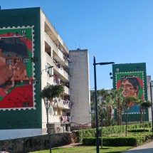 Apartment buildings with stamps showing Moroccan football heroes